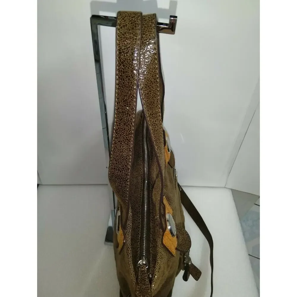 B. Makowsky Brown Metallic Leather Large Satchel Shoulder Bag